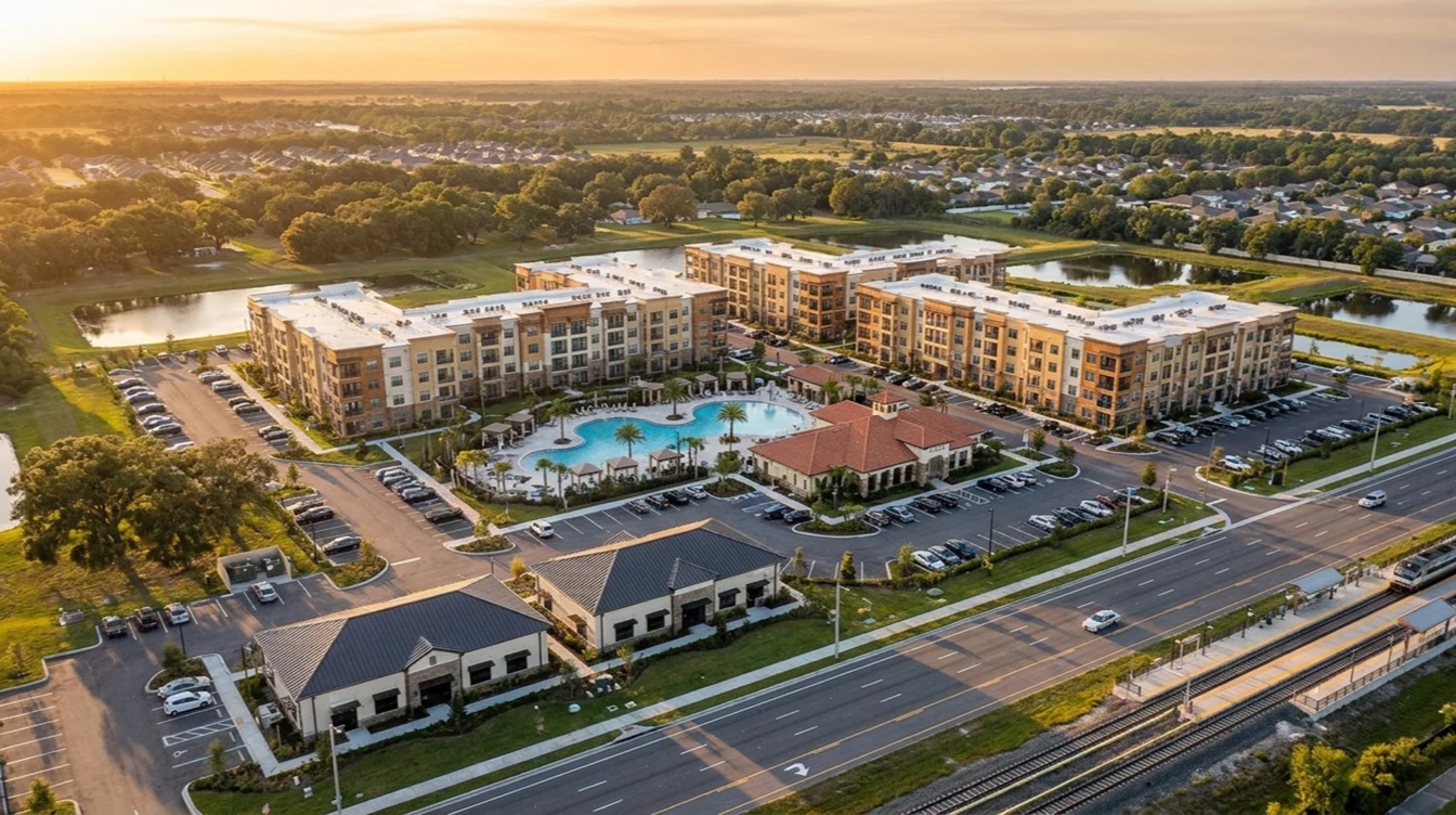Aerial view of a lakeside Florida multifamily community