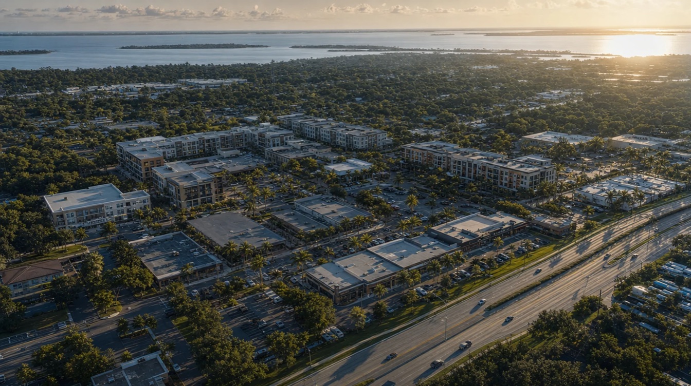 Aerial view of a Florida mixed use district with apartments and retail