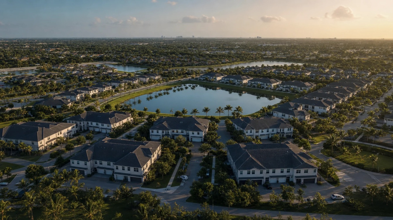 Aerial view of a lakeside Florida townhome community at sunset